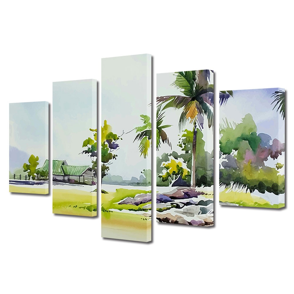 Set Tablouri Multicanvas, ArtDeco, Peisaj cu palmieri pictat, Panza pe cadru de lemn, Decoratiuni Moderne pentru Casa, 5 piese, 120 x 225 cm