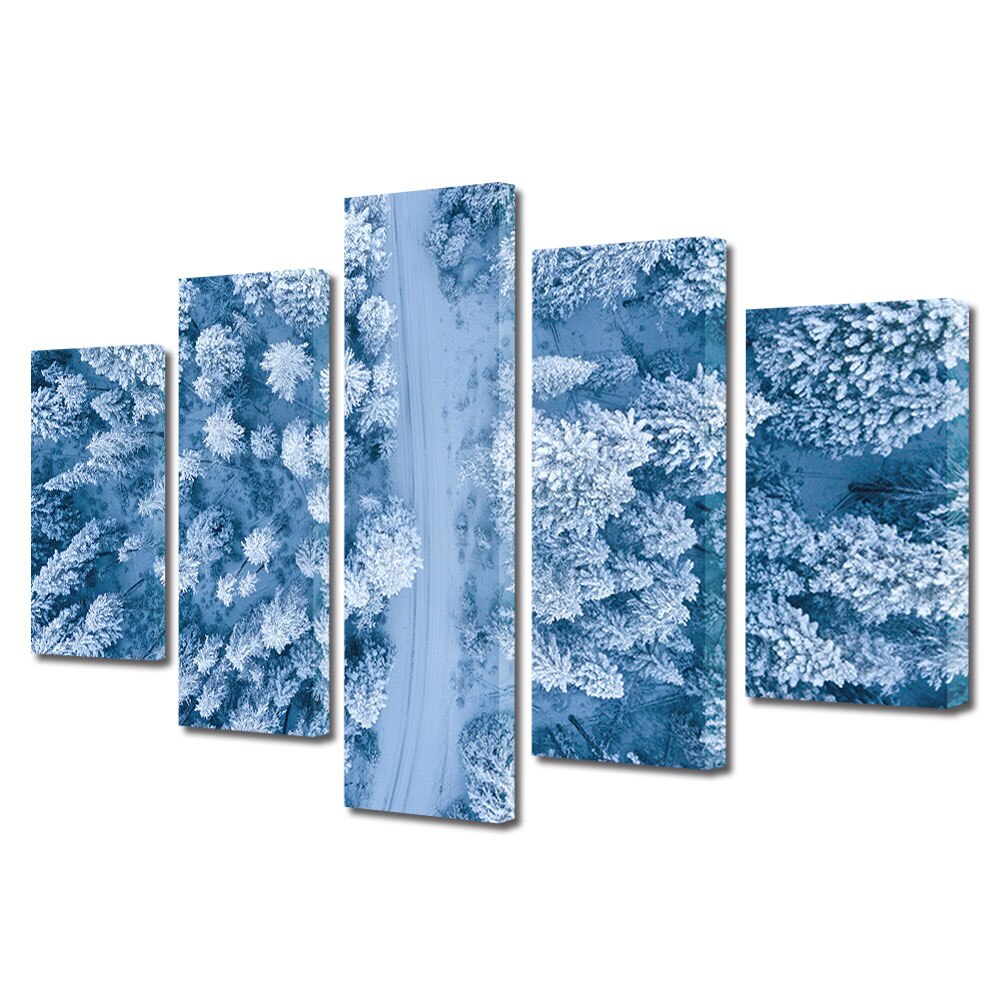 Set Tablouri Multicanvas, ArtDeco, Padure acoperita in alb, Panza pe cadru de lemn, Decoratiuni Moderne pentru Casa, 5 piese, 120 x 225 cm