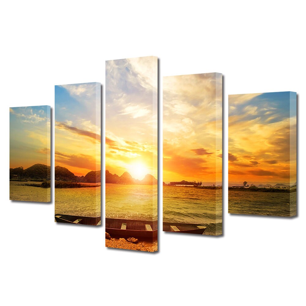 Set Tablouri Multicanvas, ArtDeco, Lumina calda, Panza pe cadru de lemn, Decoratiuni Moderne pentru Casa, 5 piese, 70 x 125 cm