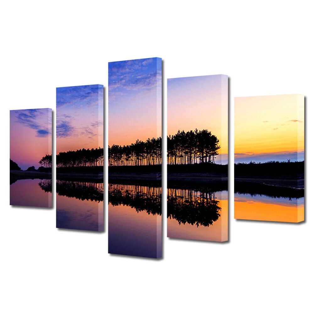 Set Tablouri Multicanvas, ArtDeco, Insiruire de copaci oglinditi, Panza pe cadru de lemn, Decoratiuni Moderne pentru Casa, 5 piese, 100 x 175 cm