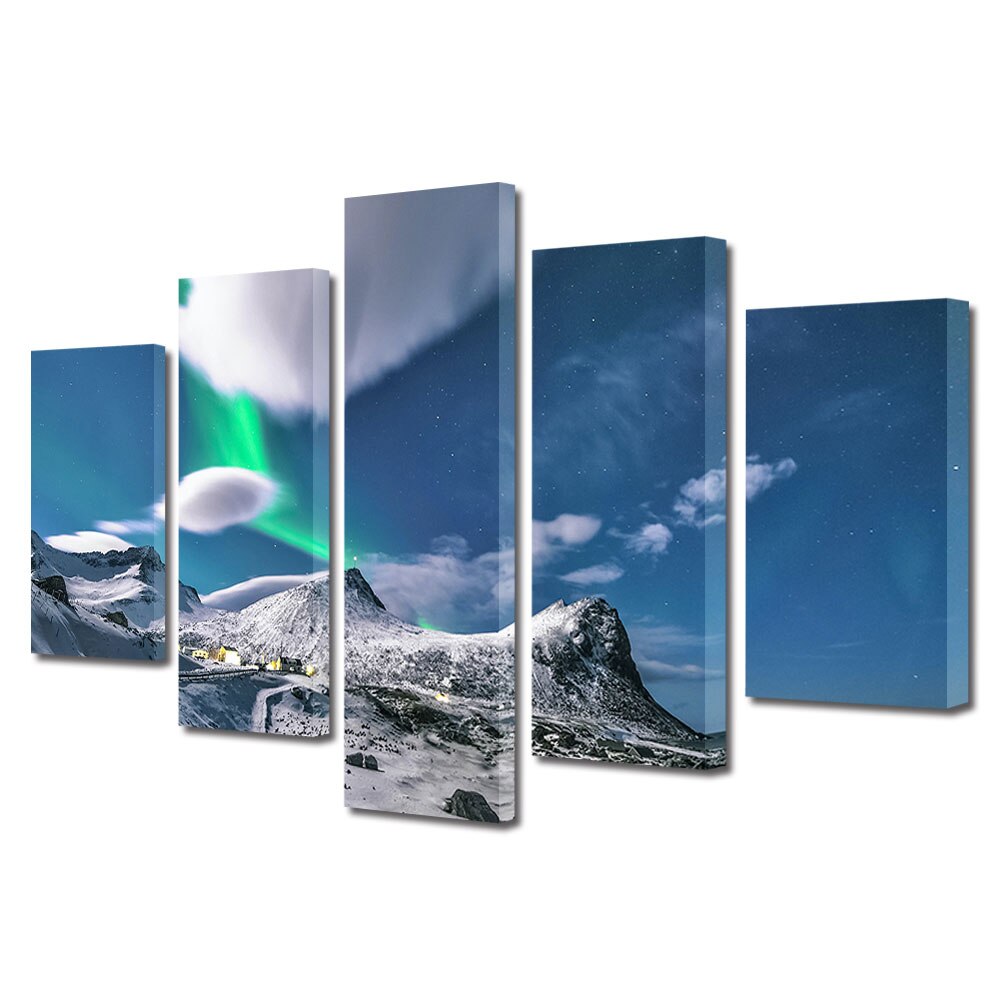 Set Tablouri Multicanvas, ArtDeco, Lumini verzi pe timp de seara, Panza pe cadru de lemn, Decoratiuni Moderne pentru Casa, 5 piese, 110 x 200 cm