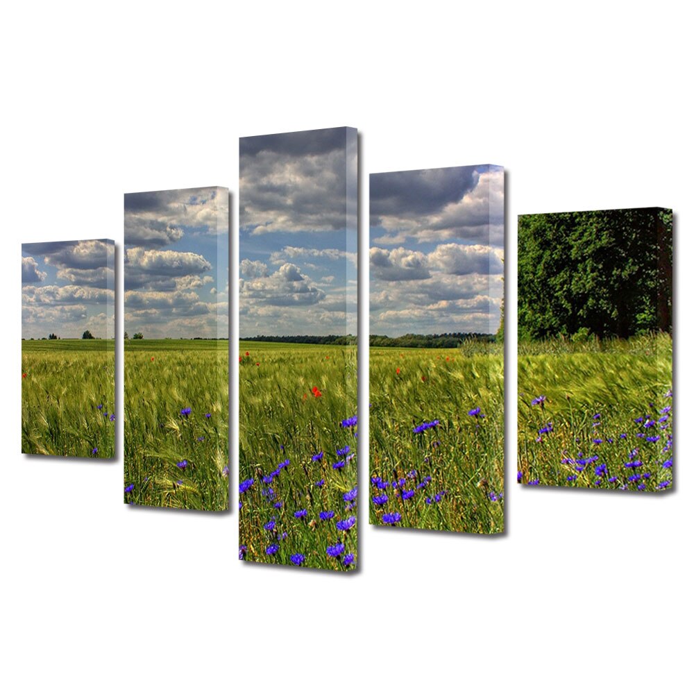 Set Tablouri Multicanvas, ArtDeco, Campie cu flori in bataia vantului, Panza pe cadru de lemn, Decoratiuni Moderne pentru Casa, 5 piese, 100 x 175 cm