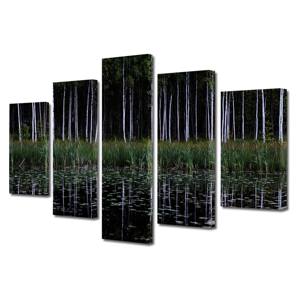 Set Tablouri Multicanvas, ArtDeco, Lacul din inima padurii, Panza pe cadru de lemn, Decoratiuni Moderne pentru Casa, 5 piese, 100 x 175 cm