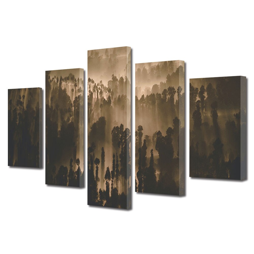 Set Tablouri Multicanvas, ArtDeco, Situete de copaci adunate, Panza pe cadru de lemn, Decoratiuni Moderne pentru Casa, 5 piese, 60 x 100 cm