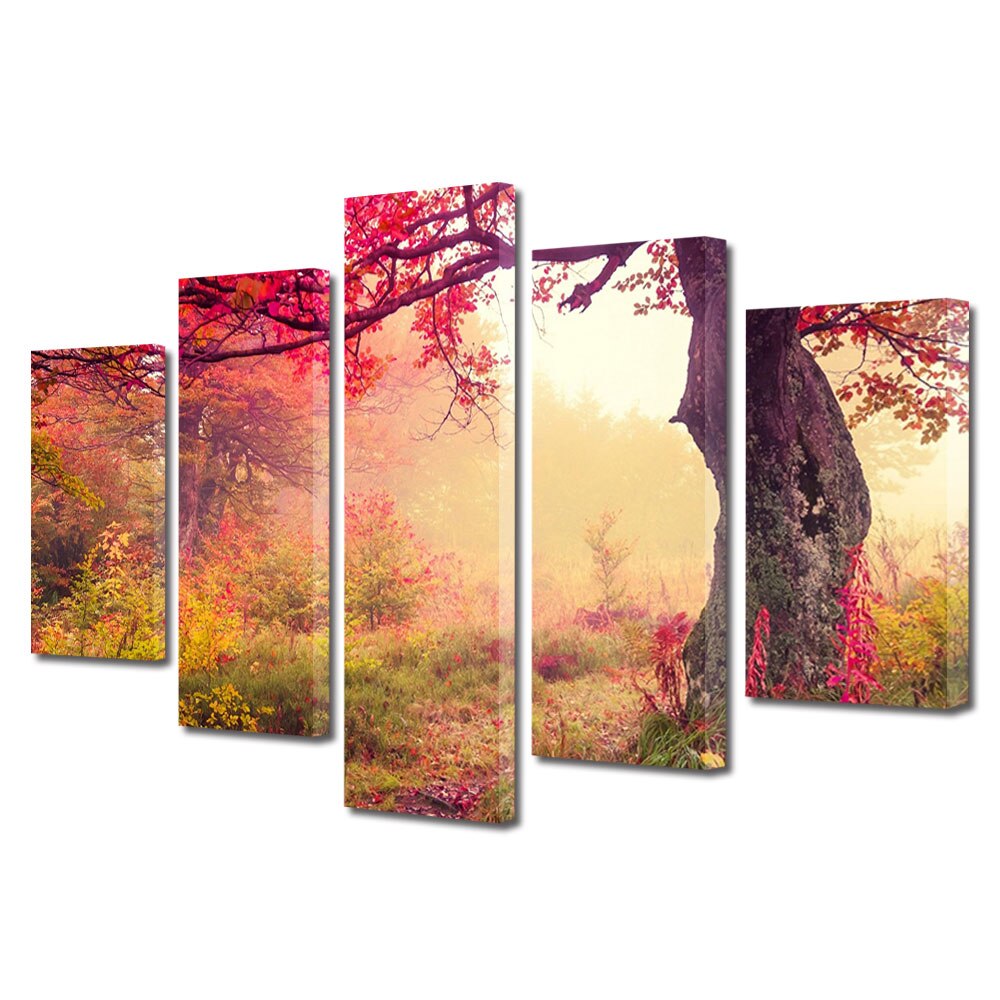 Set Tablouri Multicanvas, ArtDeco, Toamna in culori, Panza pe cadru de lemn, Decoratiuni Moderne pentru Casa, 5 piese, 70 x 125 cm