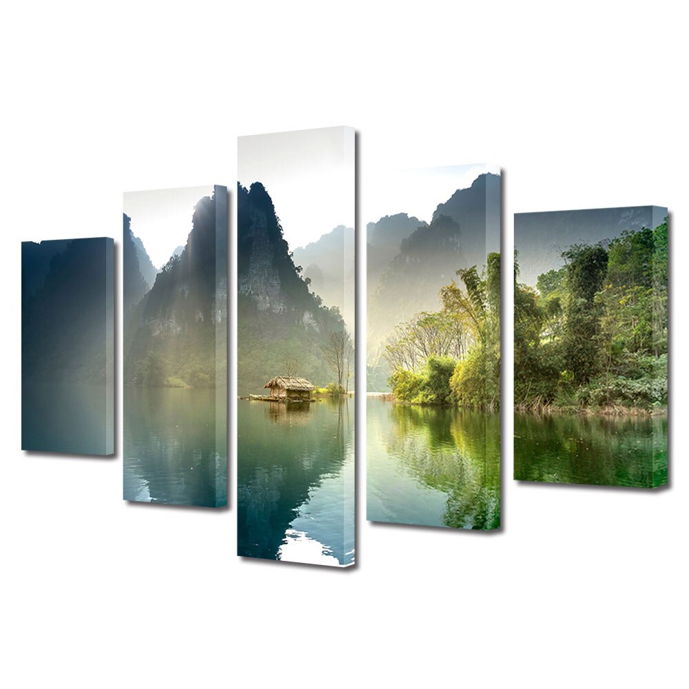 Set Tablouri Multicanvas, ArtDeco, Coliba deasupra apei cristaline, Panza pe cadru de lemn, Decoratiuni Moderne pentru Casa, 5 piese, 100 x 175 cm