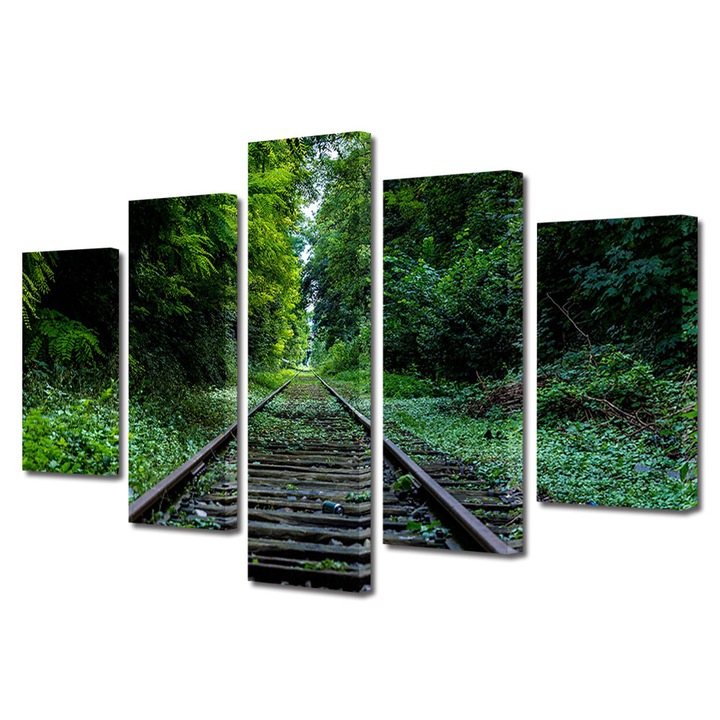 Set Tablouri Multicanvas, ArtDeco, Cale ferata prin padurea verde, Panza pe cadru de lemn, Decoratiuni Moderne pentru Casa, 5 piese, 60 x 100 cm