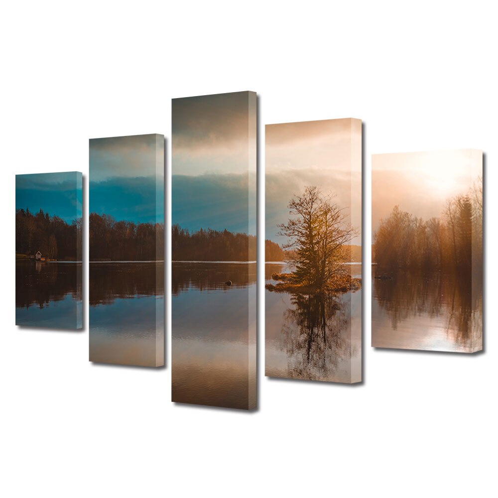Set Tablouri Multicanvas, ArtDeco, Raze blande pe lac, Panza pe cadru de lemn, Decoratiuni Moderne pentru Casa, 5 piese, 110 x 200 cm