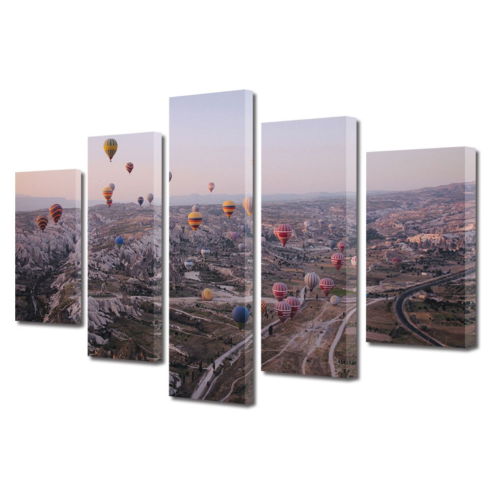 Set Tablouri Multicanvas, ArtDeco, Baloane cu aer cald deasupra muntilor, Panza pe cadru de lemn, Decoratiuni Moderne pentru Casa, 5 piese, 100 x 175 cm