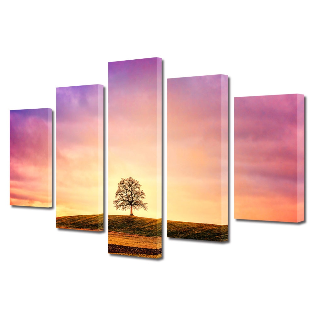 Set Tablouri Multicanvas, ArtDeco, Singur pe deal, Panza pe cadru de lemn, Decoratiuni Moderne pentru Casa, 5 piese, 80 x 150 cm