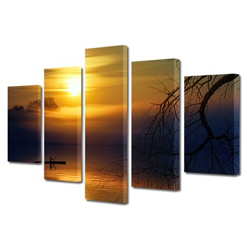 Set Tablouri Multicanvas, ArtDeco, Apus pe apa, Panza pe cadru de lemn, Decoratiuni Moderne pentru Casa, 5 piese, 60 x 100 cm Set Tablouri Multicanvas, ArtDeco, Apus pe apa, Panza pe cadru de lemn, Decoratiuni Moderne pentru Casa, 5 piese, 60 x 100 cm