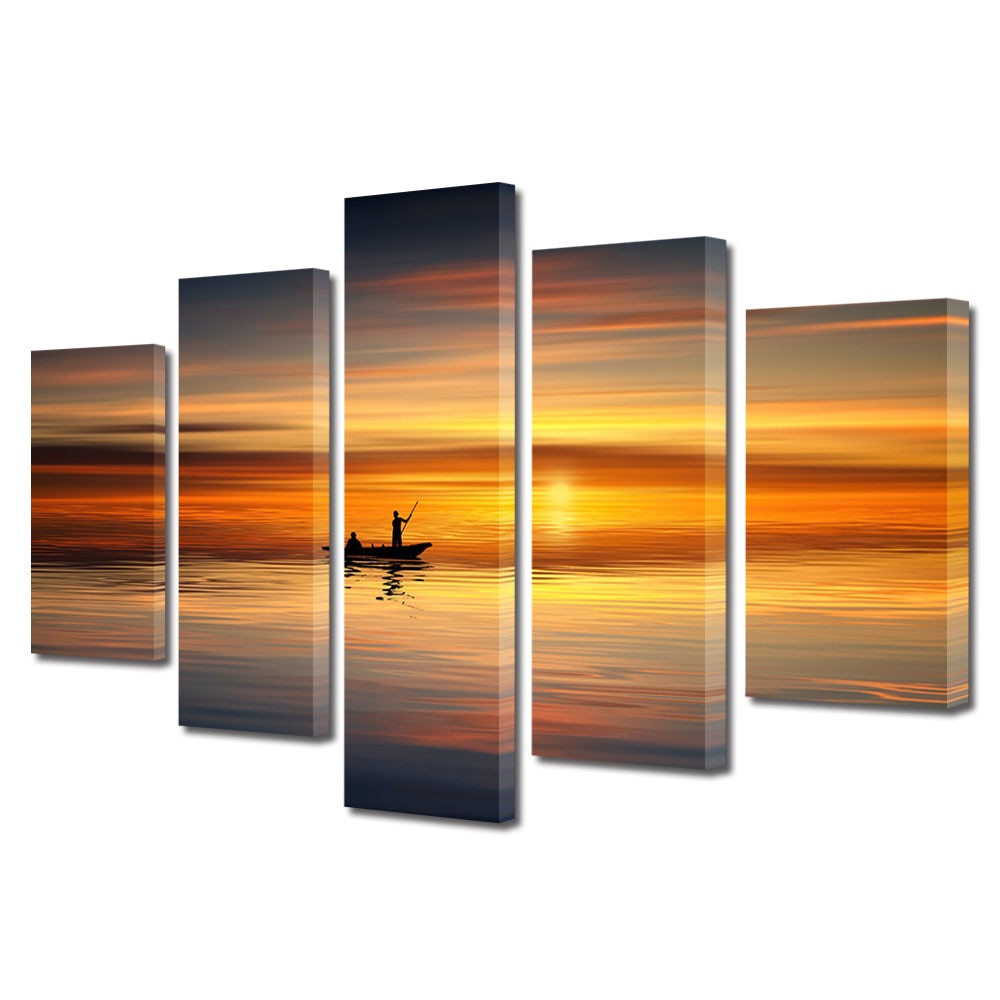 Set Tablouri Multicanvas, ArtDeco, Cu barca pe apa la apus, Panza pe cadru de lemn, Decoratiuni Moderne pentru Casa, 5 piese, 100 x 175 cm