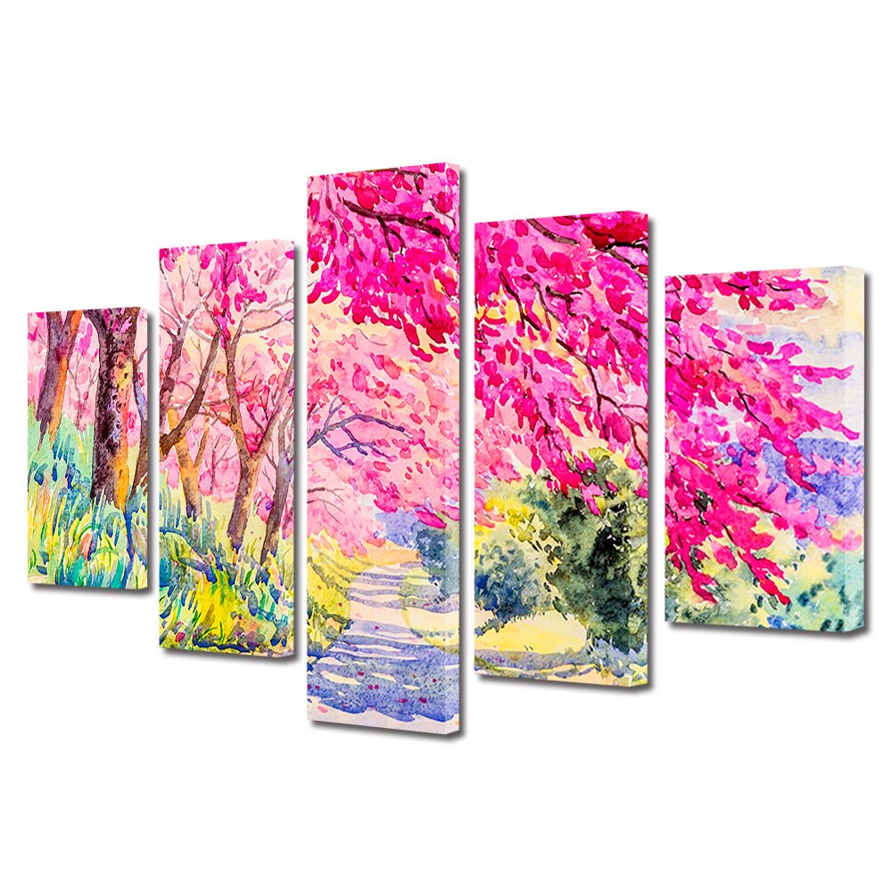 Set Tablouri Multicanvas, ArtDeco, Salbaticie roz, Panza pe cadru de lemn, Decoratiuni Moderne pentru Casa, 5 piese, 60 x 100 cm