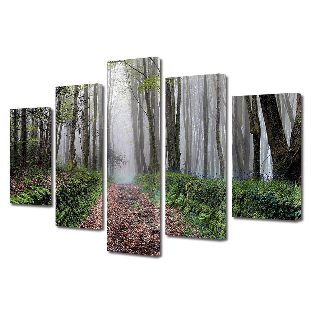 Set Tablouri Multicanvas, ArtDeco, Alee tomnatica, Panza pe cadru de lemn, Decoratiuni Moderne pentru Casa, 5 piese, 60 x 100 cm