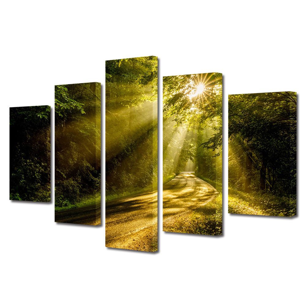 Set Tablouri Multicanvas, ArtDeco, Peste drum si prin padure, Panza pe cadru de lemn, Decoratiuni Moderne pentru Casa, 5 piese, 100 x 175 cm