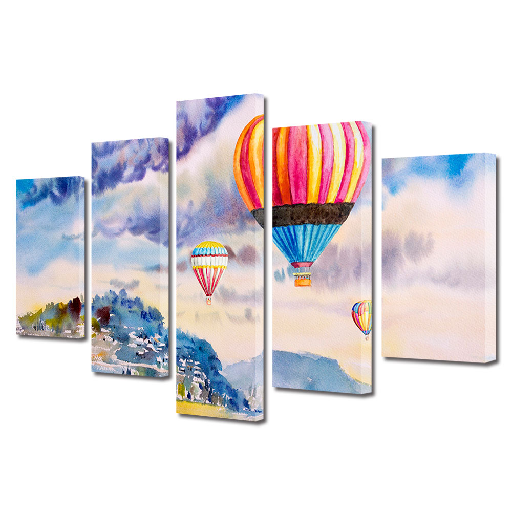 Set Tablouri Multicanvas, ArtDeco, Baloane cu aer cald pictate, Panza pe cadru de lemn, Decoratiuni Moderne pentru Casa, 5 piese, 70 x 125 cm