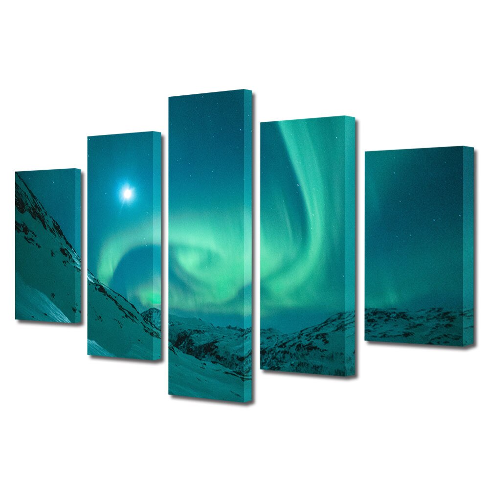 Set Tablouri Multicanvas, ArtDeco, Aurora boreala la munte, Panza pe cadru de lemn, Decoratiuni Moderne pentru Casa, 5 piese, 60 x 100 cm