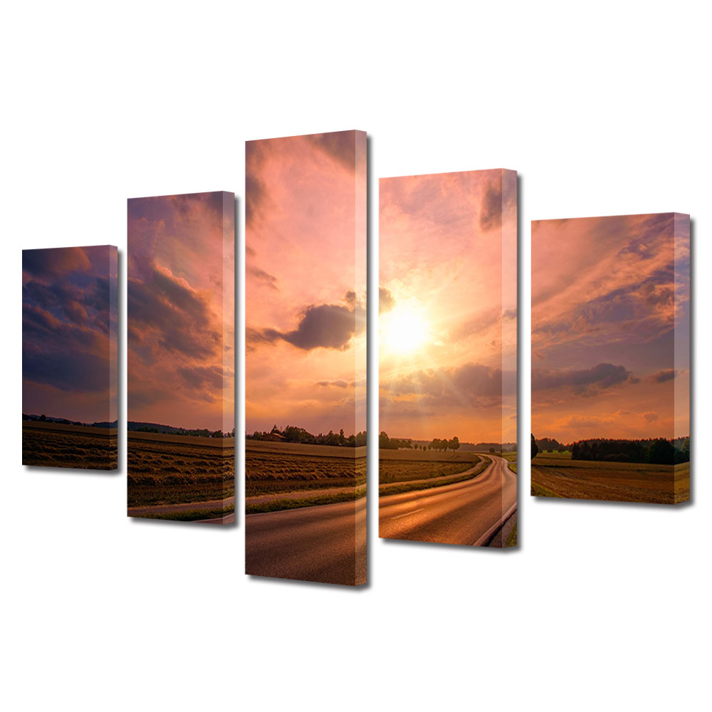 Set Tablouri Multicanvas, ArtDeco, Apus pe drum, Panza pe cadru de lemn, Decoratiuni Moderne pentru Casa, 5 piese, 70 x 125 cm