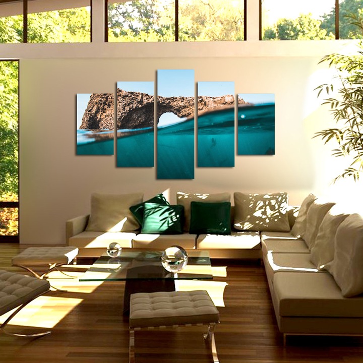 Set Tablouri Multicanvas, ArtDeco, Baie in marea albastra, Panza pe cadru de lemn, Decoratiuni Moderne pentru Casa, 5 piese, 60 x 100 cm