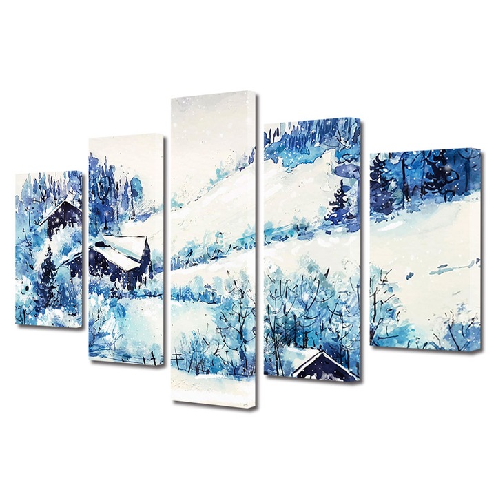 Set Tablouri Multicanvas, ArtDeco, Cabane la munte iarna, Panza pe cadru de lemn, Decoratiuni Moderne pentru Casa, 5 piese, 60 x 100 cm