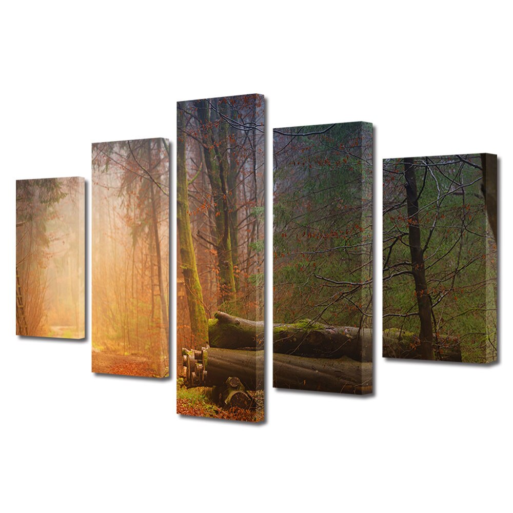 Set Tablouri Multicanvas, ArtDeco, Busteni pe drumul iluminat, Panza pe cadru de lemn, Decoratiuni Moderne pentru Casa, 5 piese, 60 x 100 cm