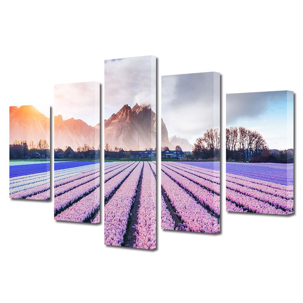 Set Tablouri Multicanvas, ArtDeco, Campie cu flori roz la apus, Panza pe cadru de lemn, Decoratiuni Moderne pentru Casa, 5 piese, 70 x 125 cm