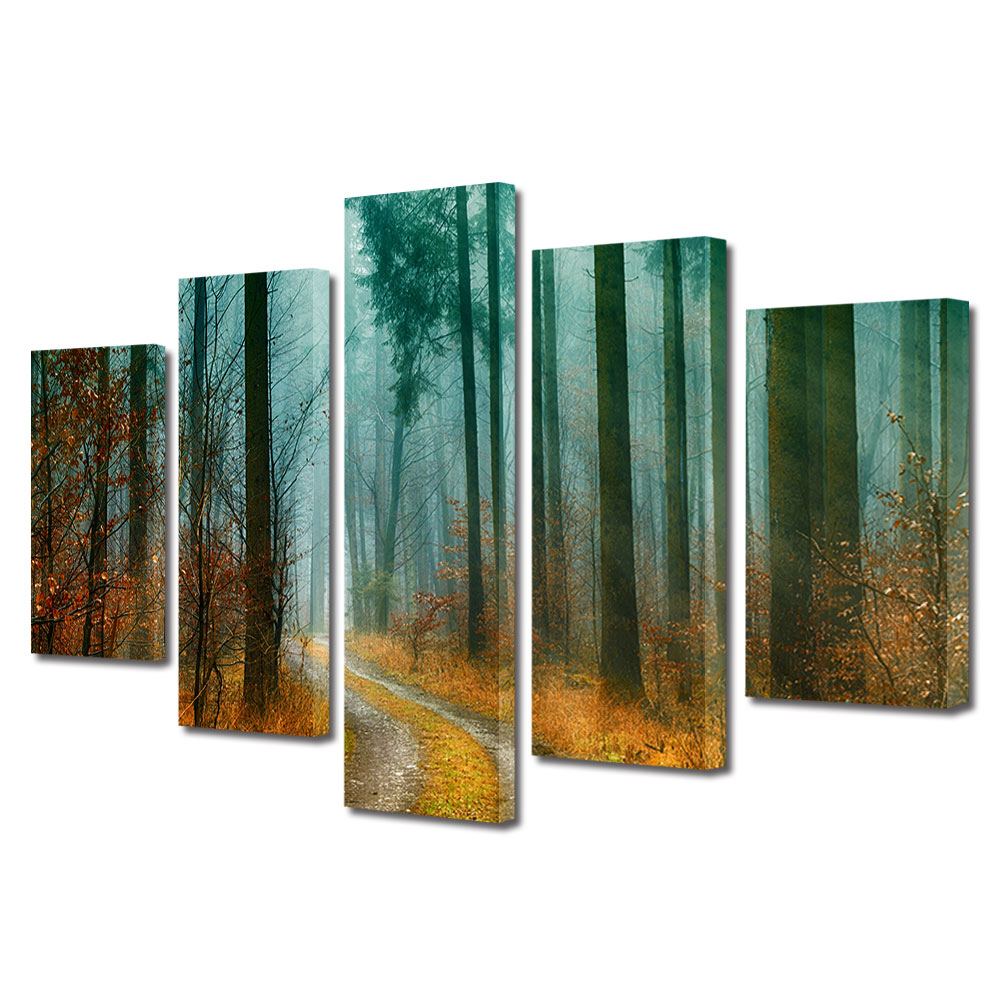 Set Tablouri Multicanvas, ArtDeco, Poteca prin padurea pustie, Panza pe cadru de lemn, Decoratiuni Moderne pentru Casa, 5 piese, 110 x 200 cm