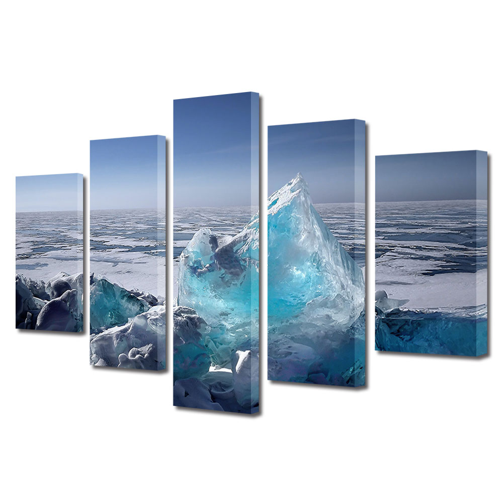 Set Tablouri Multicanvas, ArtDeco, Gheata in relief, Panza pe cadru de lemn, Decoratiuni Moderne pentru Casa, 5 piese, 80 x 150 cm