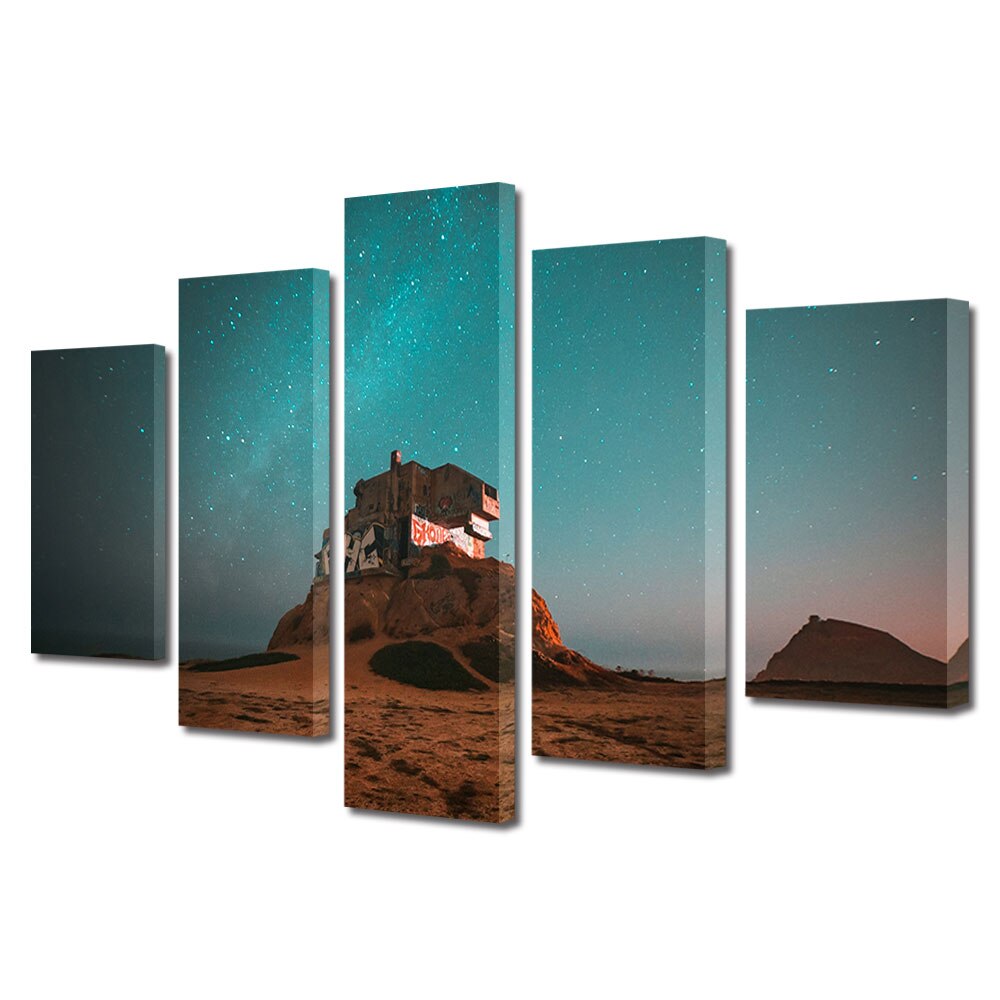 Set Tablouri Multicanvas, ArtDeco, Loc pustiu sub cerul plin de stele, Panza pe cadru de lemn, Decoratiuni Moderne pentru Casa, 5 piese, 70 x 125 cm