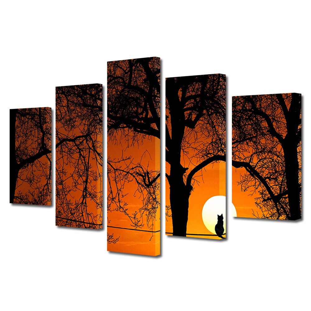 Set Tablouri Multicanvas, ArtDeco, Pisica privind apusul, Panza pe cadru de lemn, Decoratiuni Moderne pentru Casa, 5 piese, 60 x 100 cm