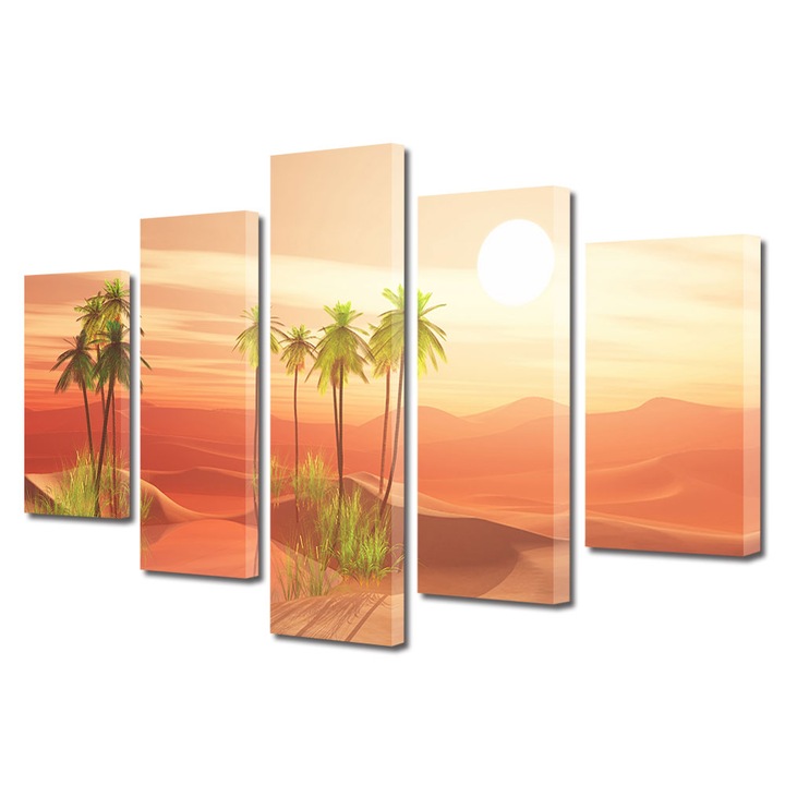 Set Tablouri Multicanvas, ArtDeco, Palmieri in desertul rosiatic, Panza pe cadru de lemn, Decoratiuni Moderne pentru Casa, 5 piese, 70 x 125 cm