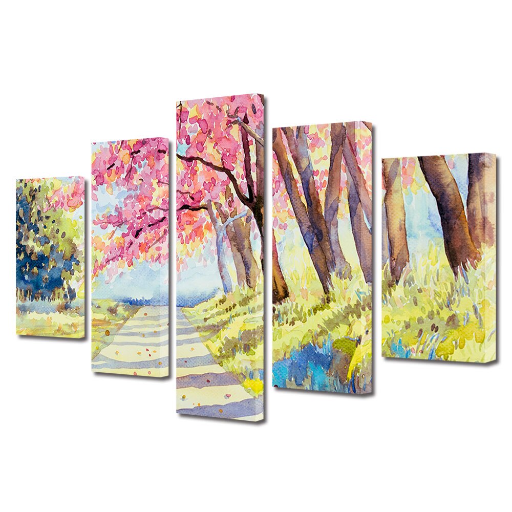Set Tablouri Multicanvas, ArtDeco, Drum linistit de primavara, Panza pe cadru de lemn, Decoratiuni Moderne pentru Casa, 5 piese, 110 x 200 cm