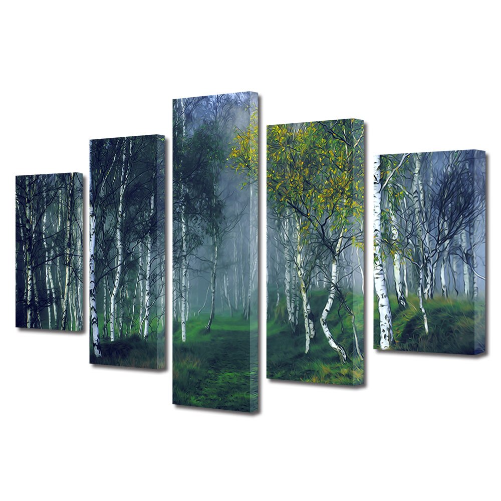 Set Tablouri Multicanvas, ArtDeco, Padure ilustrata, Panza pe cadru de lemn, Decoratiuni Moderne pentru Casa, 5 piese, 60 x 100 cm