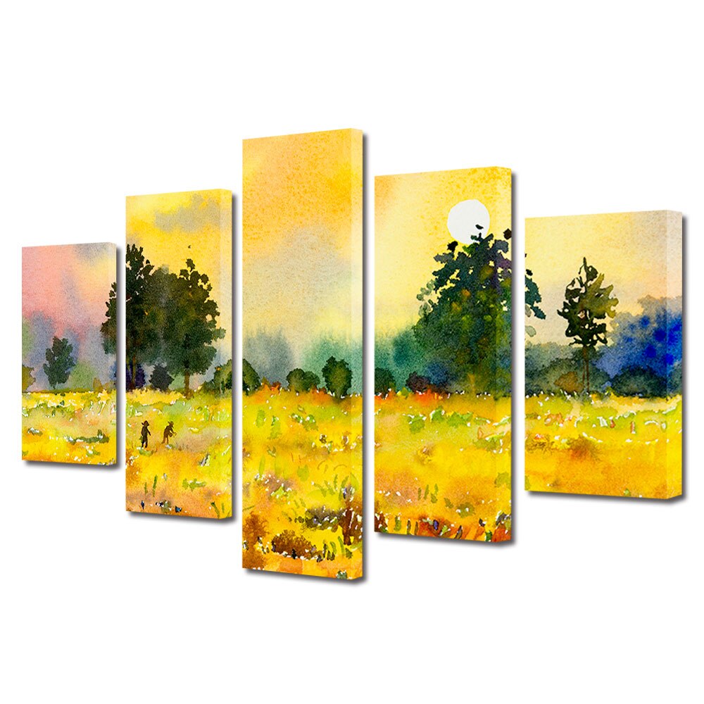 Set Tablouri Multicanvas, ArtDeco, Pe campul auriu, Panza pe cadru de lemn, Decoratiuni Moderne pentru Casa, 5 piese, 60 x 100 cm