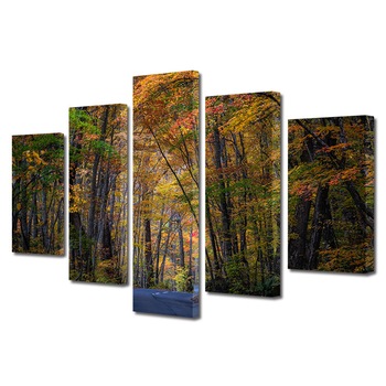 Set Tablouri Multicanvas, ArtDeco, Drum prin padurea aramie, Panza pe cadru de lemn, Decoratiuni Moderne pentru Casa, 5 piese, 60 x 100 cm Set Tablouri Multicanvas, ArtDeco, Drum prin padurea aramie, Panza pe cadru de lemn, Decoratiuni Moderne pentru Casa, 5 piese, 60 x 100 cm