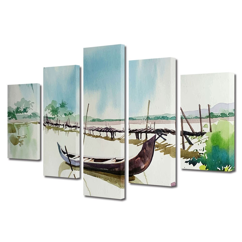 Set Tablouri Multicanvas, ArtDeco, Barca reflectata, Panza pe cadru de lemn, Decoratiuni Moderne pentru Casa, 5 piese, 60 x 100 cm