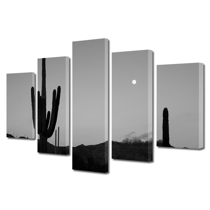 Set Tablouri Multicanvas, ArtDeco, Siluete de cactusi la lumina lunii, Panza pe cadru de lemn, Decoratiuni Moderne pentru Casa, 5 piese, 60 x 100 cm