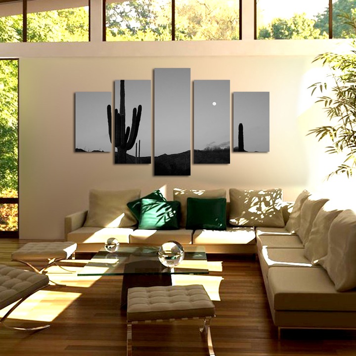 Set Tablouri Multicanvas, ArtDeco, Siluete de cactusi la lumina lunii, Panza pe cadru de lemn, Decoratiuni Moderne pentru Casa, 5 piese, 60 x 100 cm