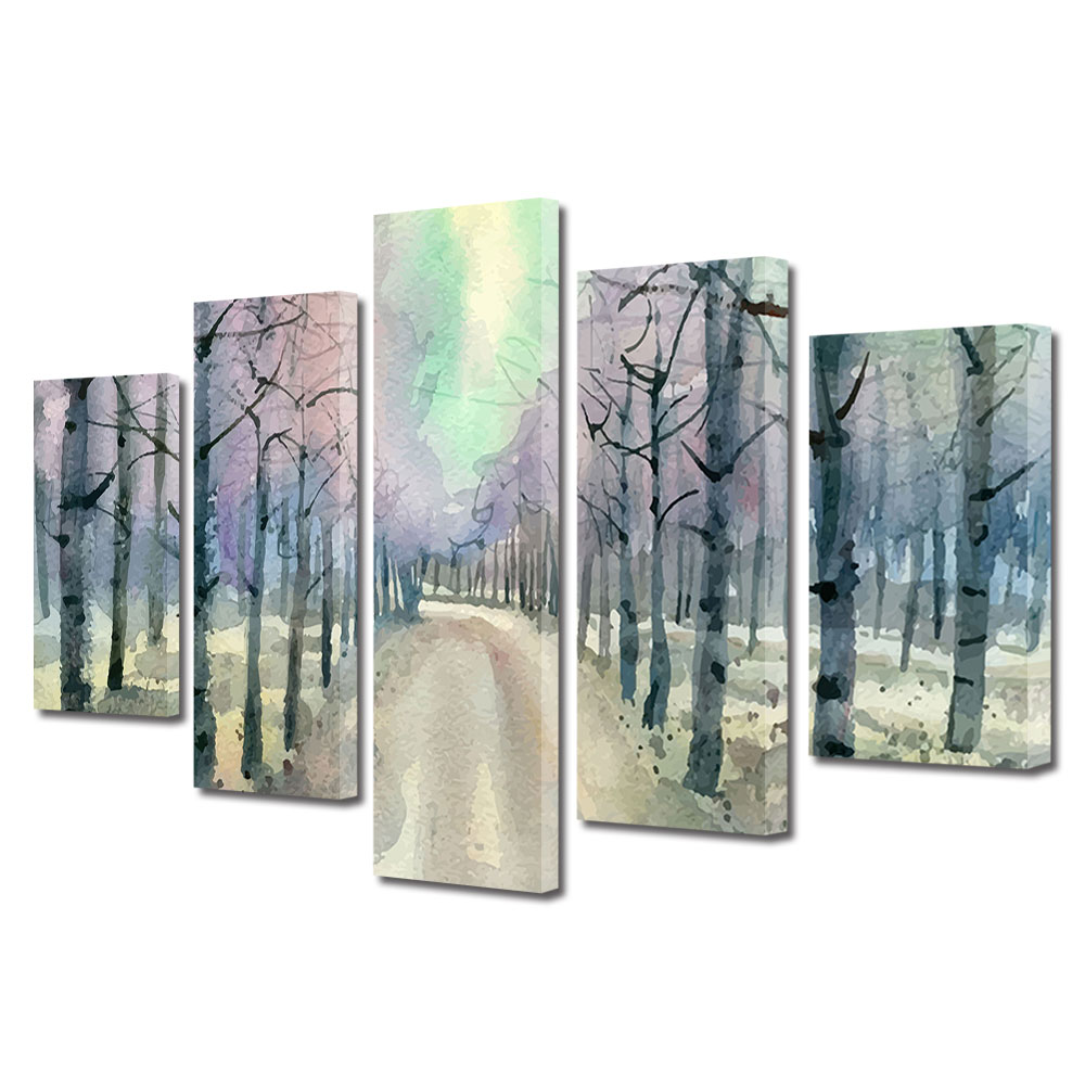 Set Tablouri Multicanvas, ArtDeco, Drum printre copaci, Panza pe cadru de lemn, Decoratiuni Moderne pentru Casa, 5 piese, 120 x 225 cm