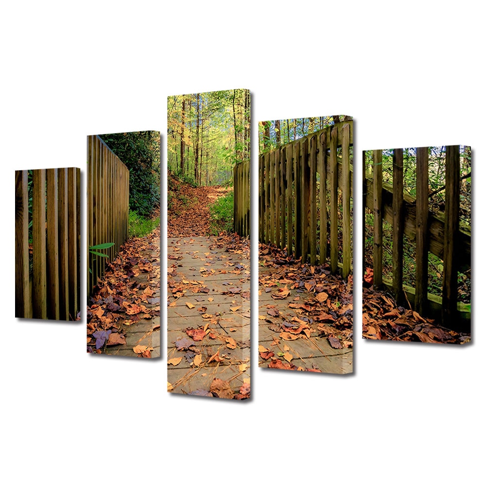 Set Tablouri Multicanvas, ArtDeco, Pod presarat cu frunze, Panza pe cadru de lemn, Decoratiuni Moderne pentru Casa, 5 piese, 70 x 125 cm