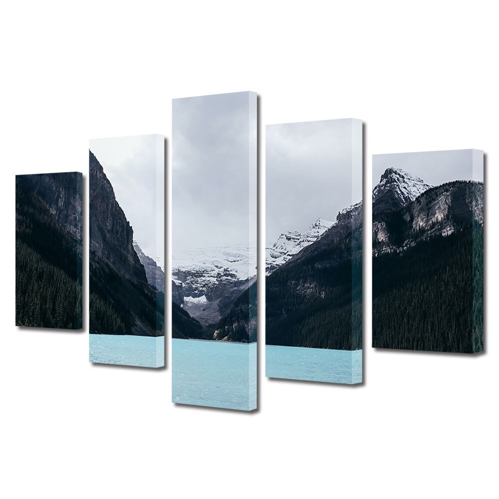 Set Tablouri Multicanvas, ArtDeco, Iarna pe lacul montan, Panza pe cadru de lemn, Decoratiuni Moderne pentru Casa, 5 piese, 70 x 125 cm