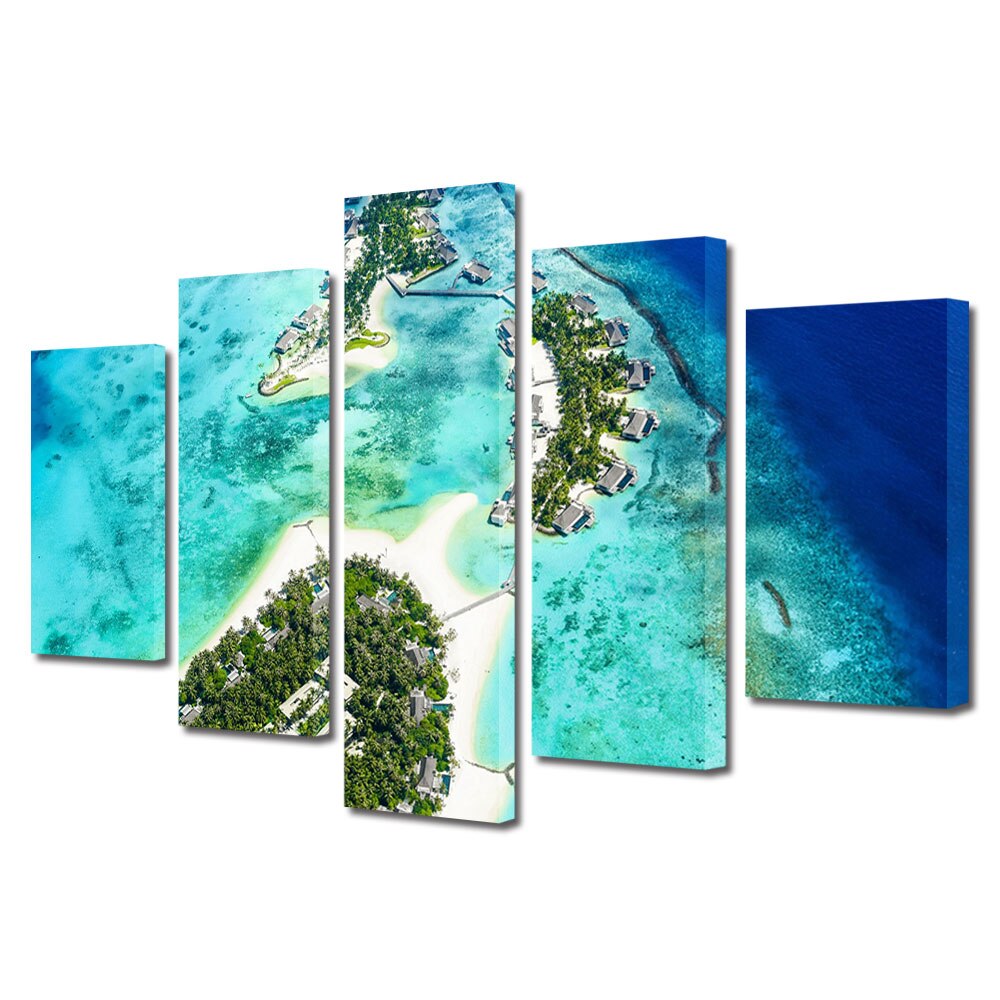 Set Tablouri Multicanvas, ArtDeco, Insule privite de sus, Panza pe cadru de lemn, Decoratiuni Moderne pentru Casa, 5 piese, 60 x 100 cm