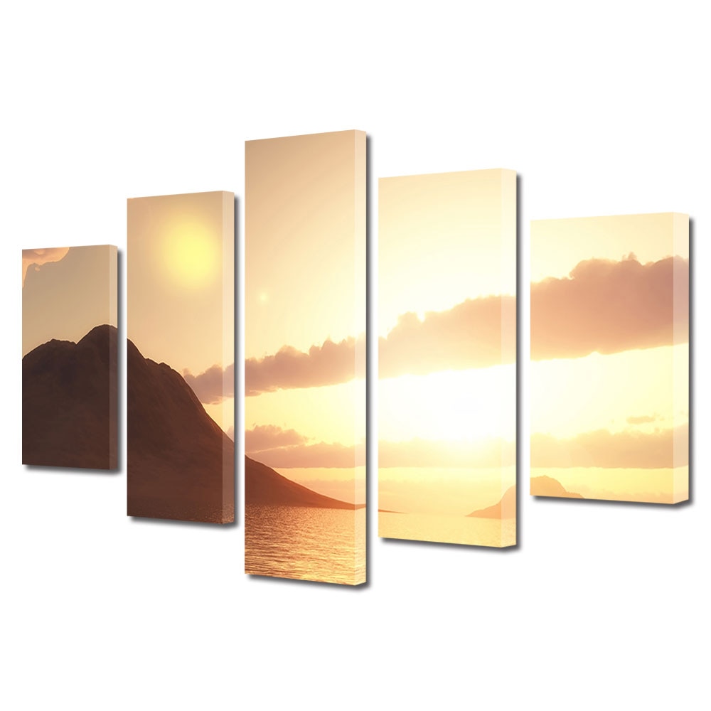 Set Tablouri Multicanvas, ArtDeco, Apus de soare peste ocean, Panza pe cadru de lemn, Decoratiuni Moderne pentru Casa, 5 piese, 60 x 100 cm