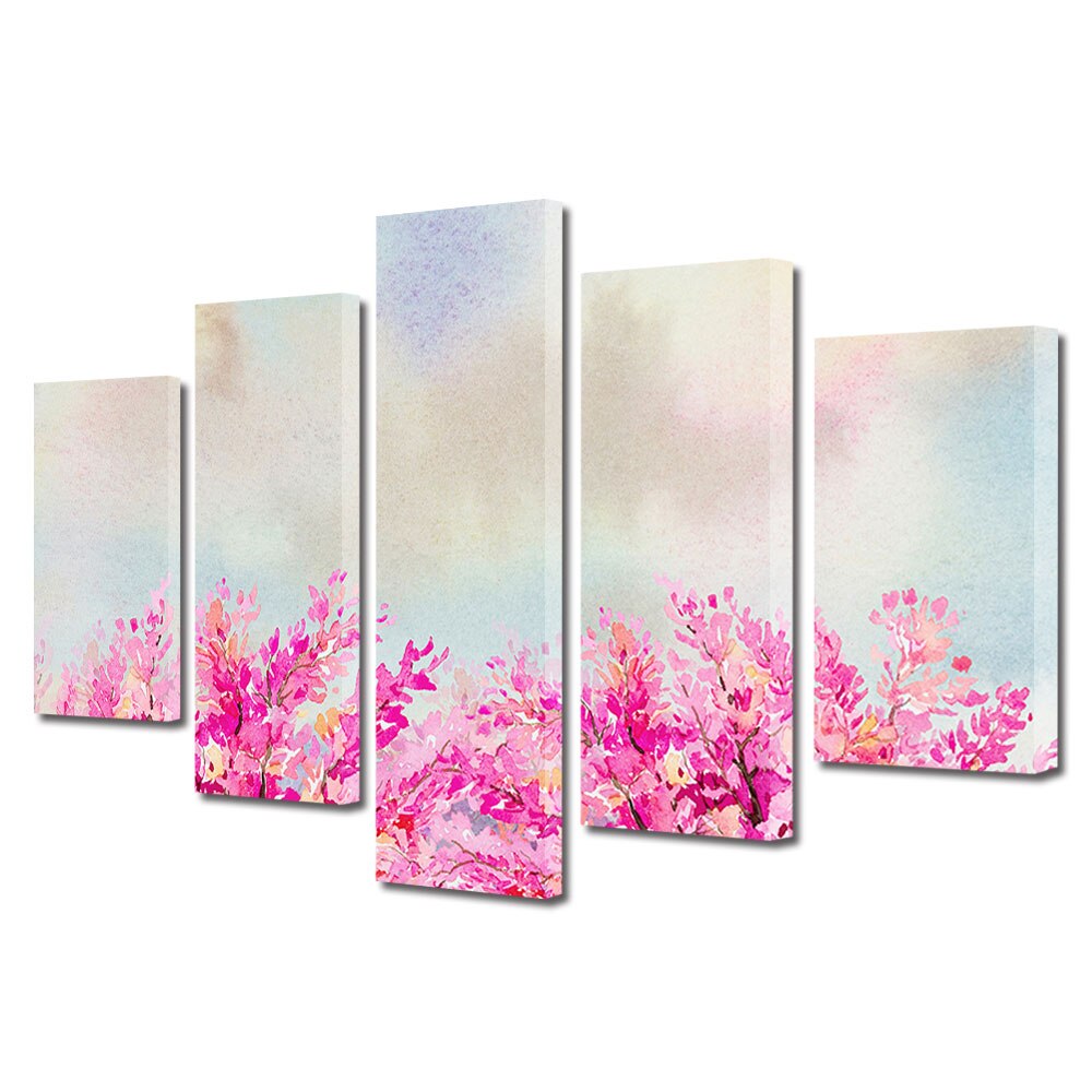 Set Tablouri Multicanvas, ArtDeco, Copaci infloriti vestind primavara, Panza pe cadru de lemn, Decoratiuni Moderne pentru Casa, 5 piese, 60 x 100 cm