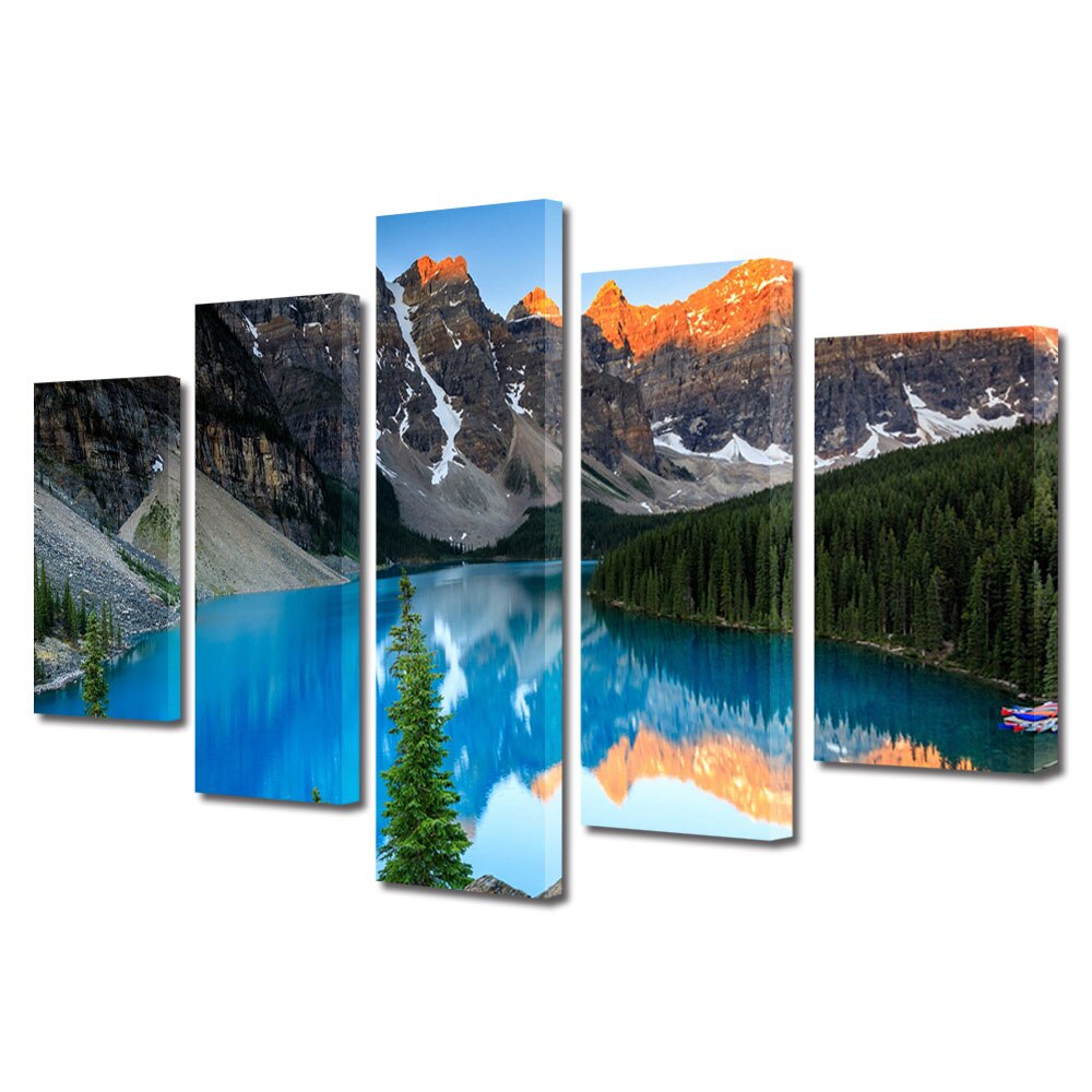 Set Tablouri Multicanvas, ArtDeco, Munti reflectati in lacul albastru, Panza pe cadru de lemn, Decoratiuni Moderne pentru Casa, 5 piese, 110 x 200 cm