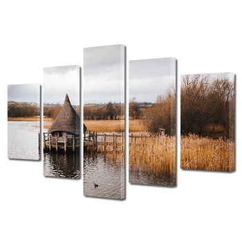 Set Tablouri Multicanvas, ArtDeco, Coliba pe apa, Panza pe cadru de lemn, Decoratiuni Moderne pentru Casa, 5 piese, 120 x 225 cm Set Tablouri Multicanvas, ArtDeco, Coliba pe apa, Panza pe cadru de lemn, Decoratiuni Moderne pentru Casa, 5 piese, 120 x 225 cm