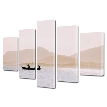 Set Tablouri Multicanvas, ArtDeco, Barca si dealuri estompate, Panza pe cadru de lemn, Decoratiuni Moderne pentru Casa, 5 piese, 100 x 175 cm Set Tablouri Multicanvas, ArtDeco, Barca si dealuri estompate, Panza pe cadru de lemn, Decoratiuni Moderne pentru Casa, 5 piese, 100 x 175 cm