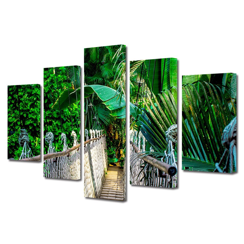 Set Tablouri Multicanvas, ArtDeco, Pod in jungla, Panza pe cadru de lemn, Decoratiuni Moderne pentru Casa, 5 piese, 80 x 150 cm