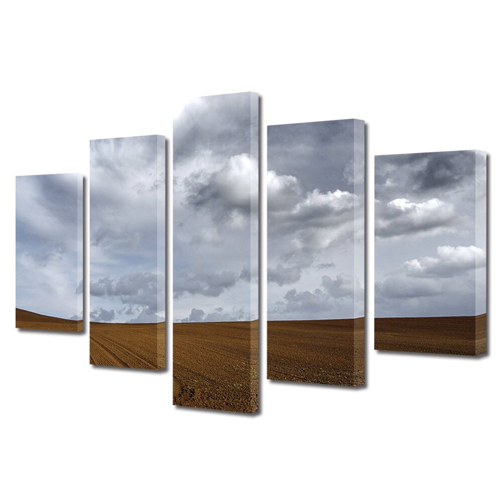 Set Tablouri Multicanvas, ArtDeco, Camp sub norii cenusii, Panza pe cadru de lemn, Decoratiuni Moderne pentru Casa, 5 piese, 60 x 100 cm