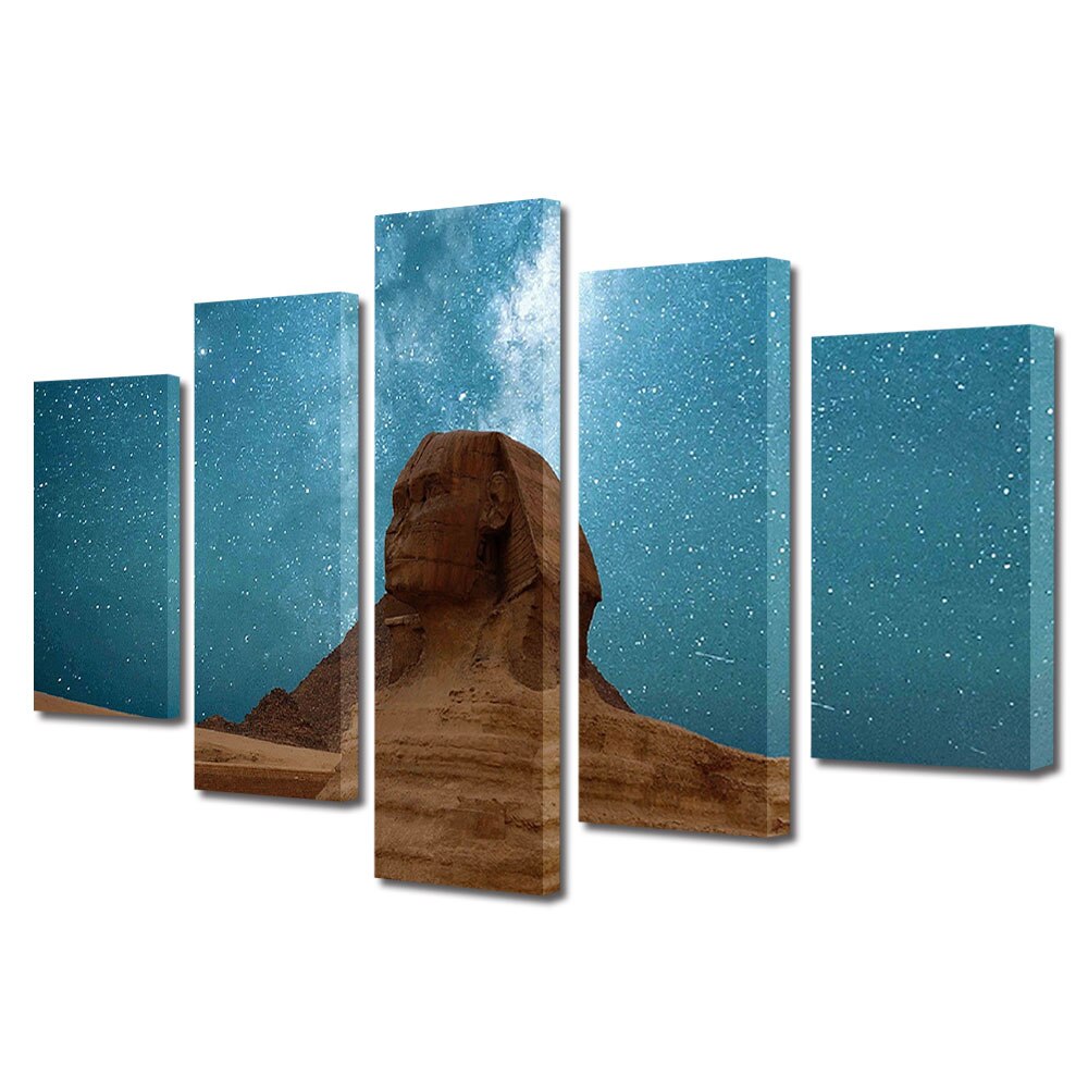 Set Tablouri Multicanvas, ArtDeco, Sfinx sub cerul instelat, Panza pe cadru de lemn, Decoratiuni Moderne pentru Casa, 5 piese, 100 x 175 cm